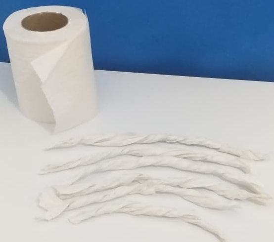 Fotografia de um rolo de papel higiênico e seis pontes/canudos de papel. 